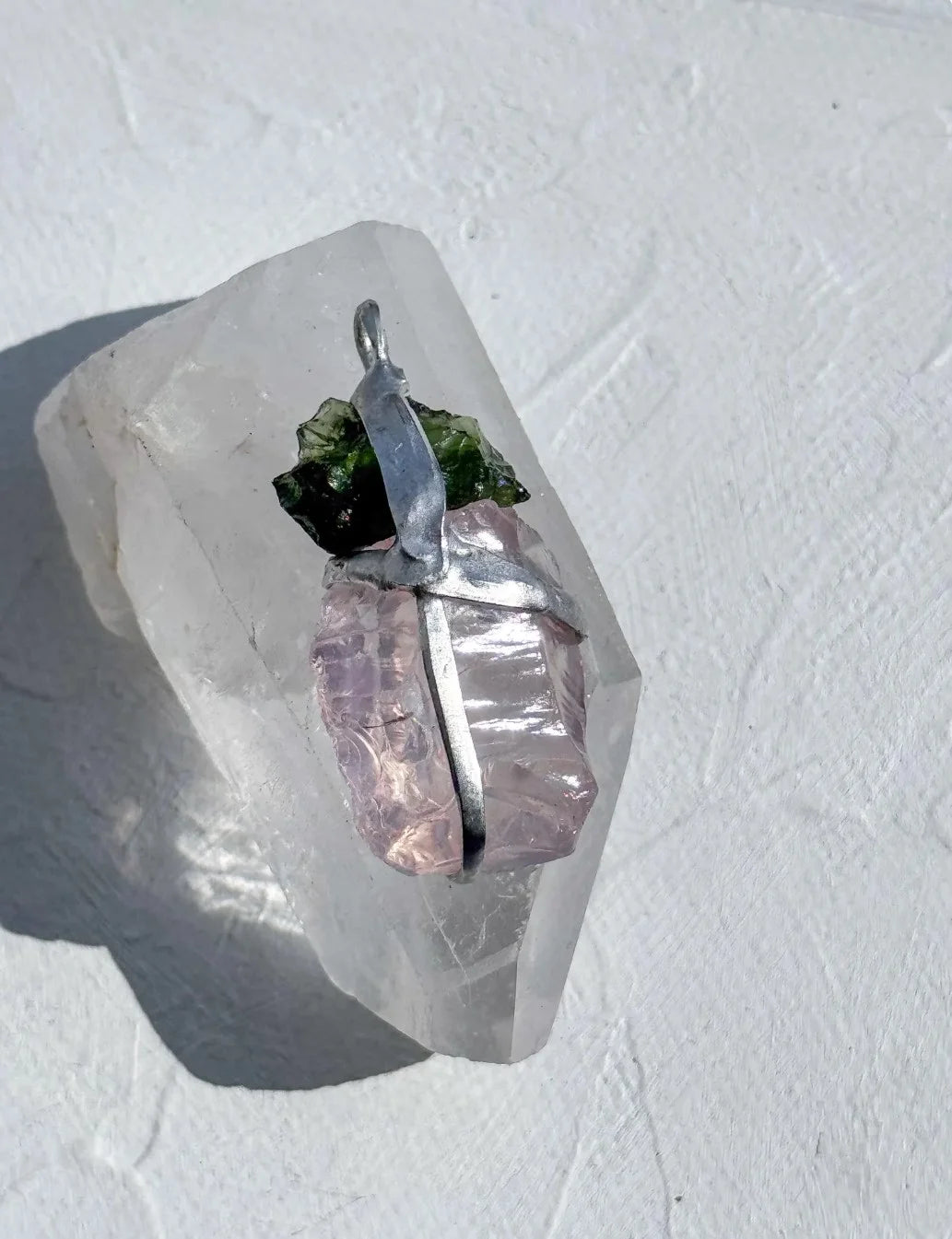 Moldavite and Rose Quartz pendant with transparent green Chlum Moldavite.