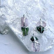 Moldavite and Rose Quartz pendant with transparent green Chlum Moldavite.