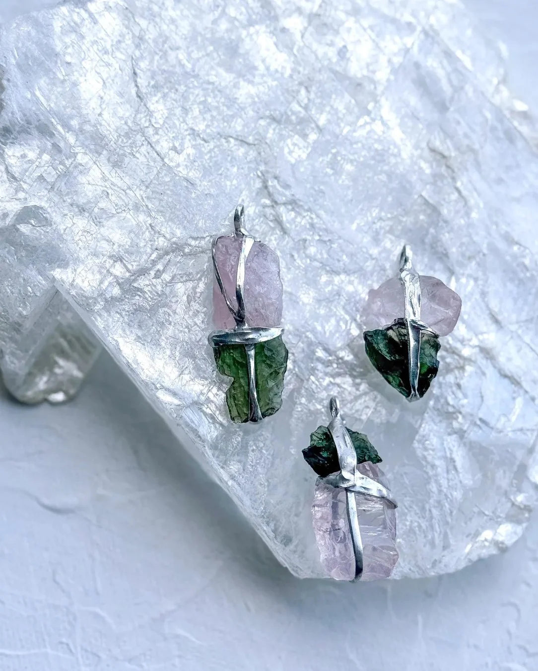 Moldavite and Rose Quartz pendant with transparent green Chlum Moldavite.