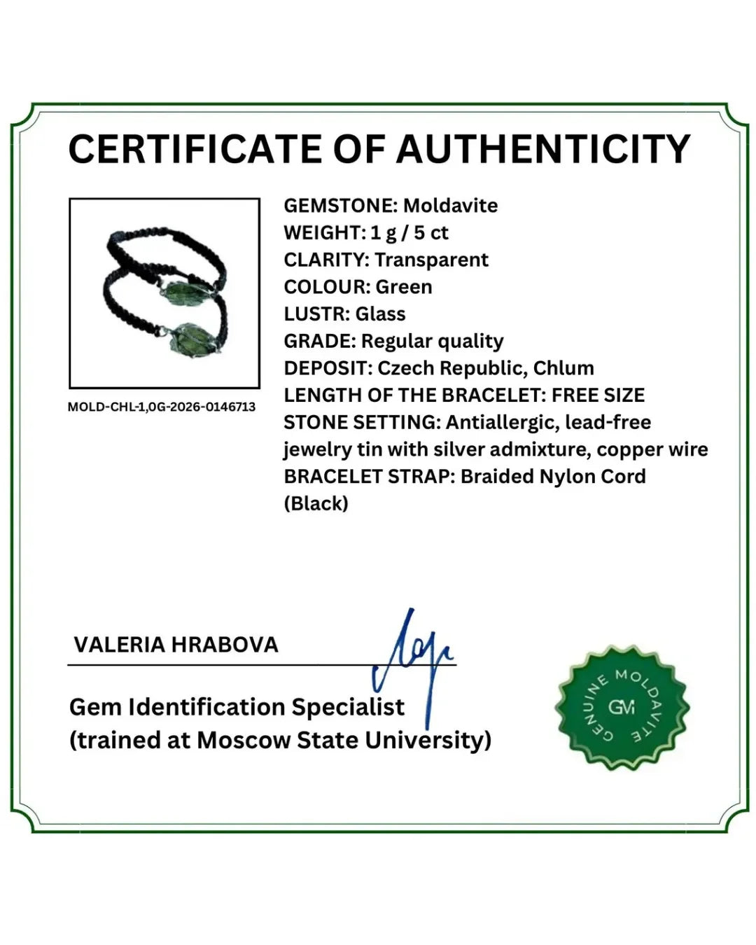 Certificate of Authenticity for a gemstone bracelet, featuring product details for a Moldavite bracelet with a black braided cord strap, signed by Valeria Hrabova and sealed with a Gem Identification Specialist stamp.