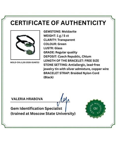 Certificate of Authenticity for a gemstone bracelet, featuring product details for a Moldavite bracelet with a black braided cord strap, signed by Valeria Hrabova and sealed with a Gem Identification Specialist stamp.