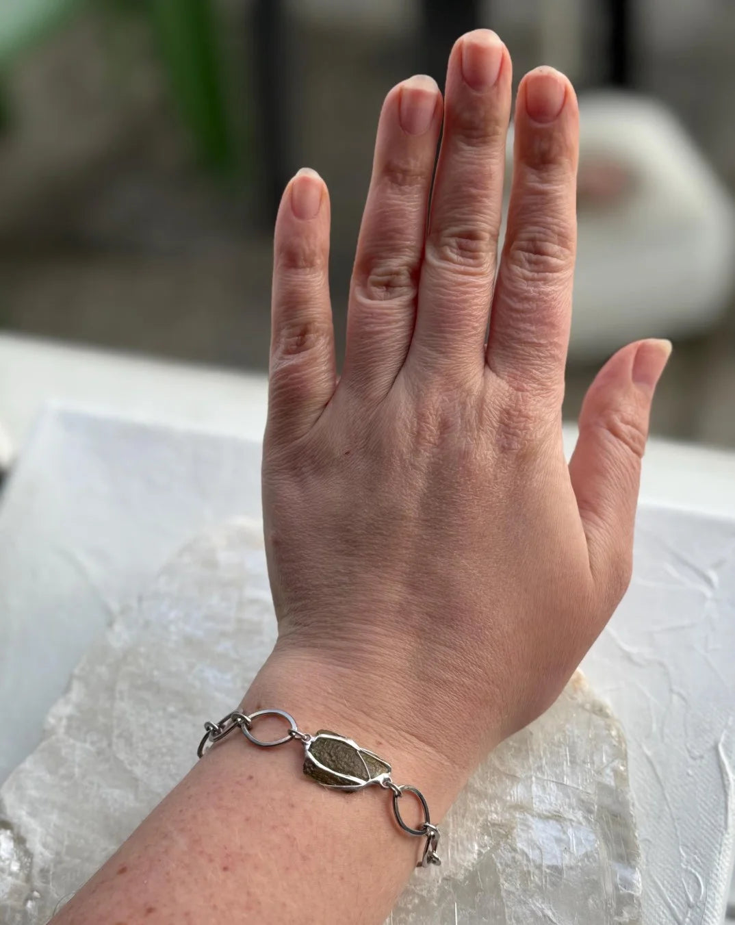 Moldavite bracelet with chunky oval-link chain and 0.8g Chlum stone