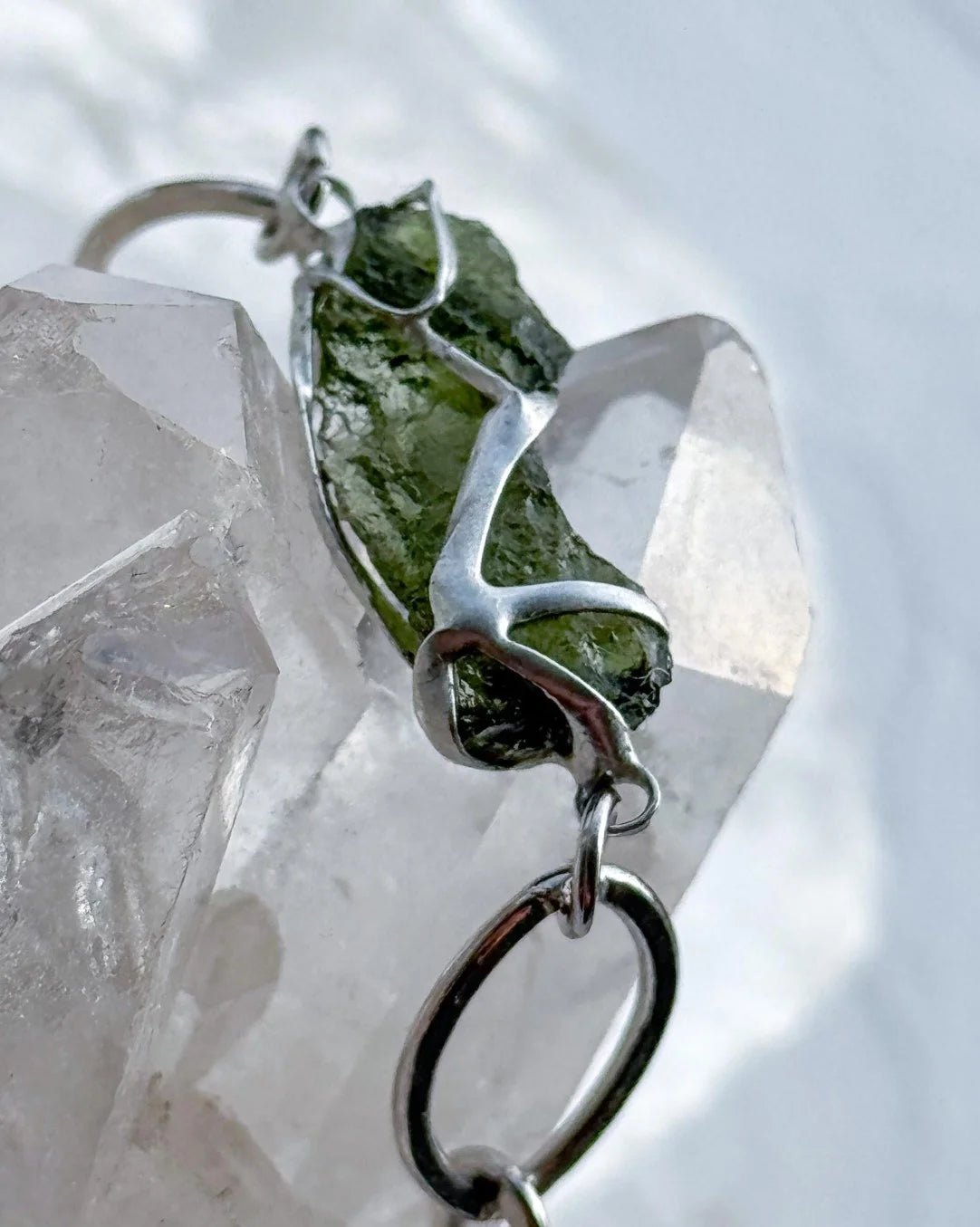Moldavite bracelet with chunky oval-link chain and 0.8g Chlum stone