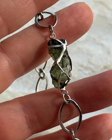 Moldavite bracelet with chunky oval-link chain and 0.8g Chlum stone