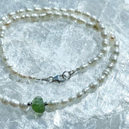 Natural drilled 0.4g Chlum Moldavite necklace with freshwater pearls and sterling silver.