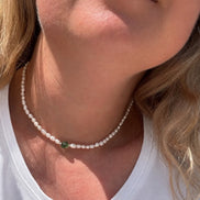 Natural drilled 0.4g Chlum Moldavite necklace with freshwater pearls and sterling silver.