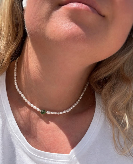 Natural drilled 0.4g Chlum Moldavite necklace with freshwater pearls and sterling silver.