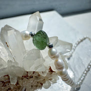 Natural drilled 0.4g Chlum Moldavite necklace with freshwater pearls and sterling silver.