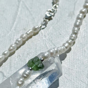 Natural drilled 0.4g Chlum Moldavite necklace with freshwater pearls and sterling silver.