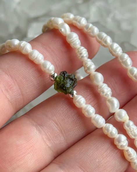 Natural drilled 0.4g Chlum Moldavite necklace with freshwater pearls and sterling silver.