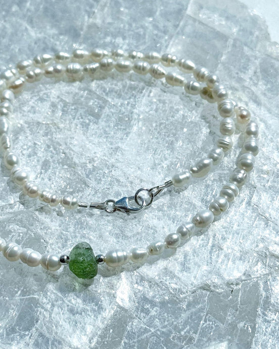 Natural drilled 0.4g Chlum Moldavite necklace with freshwater pearls and sterling silver.