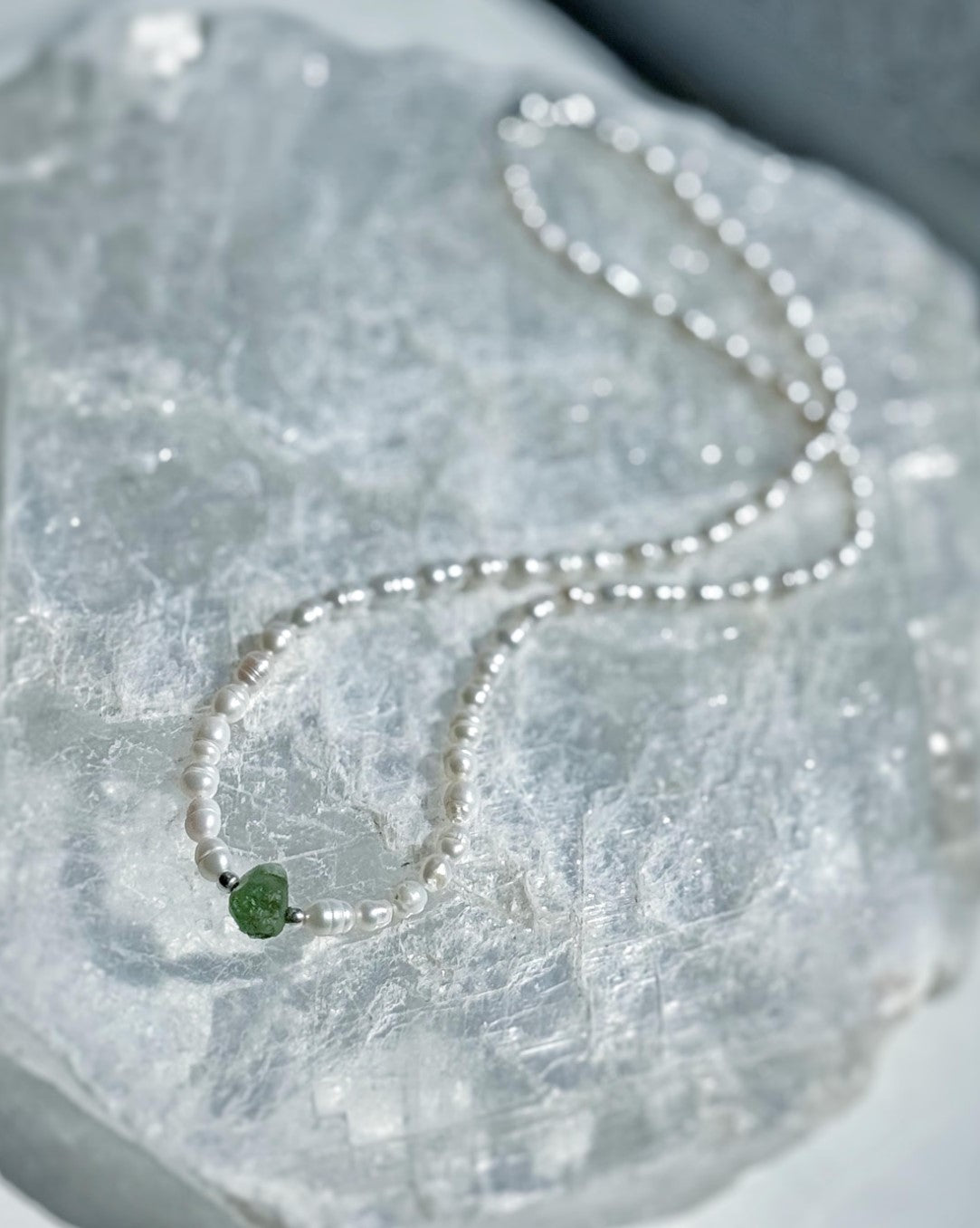 Natural drilled 0.4g Chlum Moldavite necklace with freshwater pearls and sterling silver.