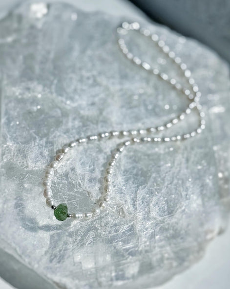 Natural drilled 0.4g Chlum Moldavite necklace with freshwater pearls and sterling silver.