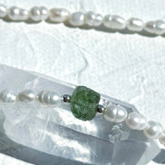 Natural drilled 0.4g Chlum Moldavite necklace with freshwater pearls and sterling silver.