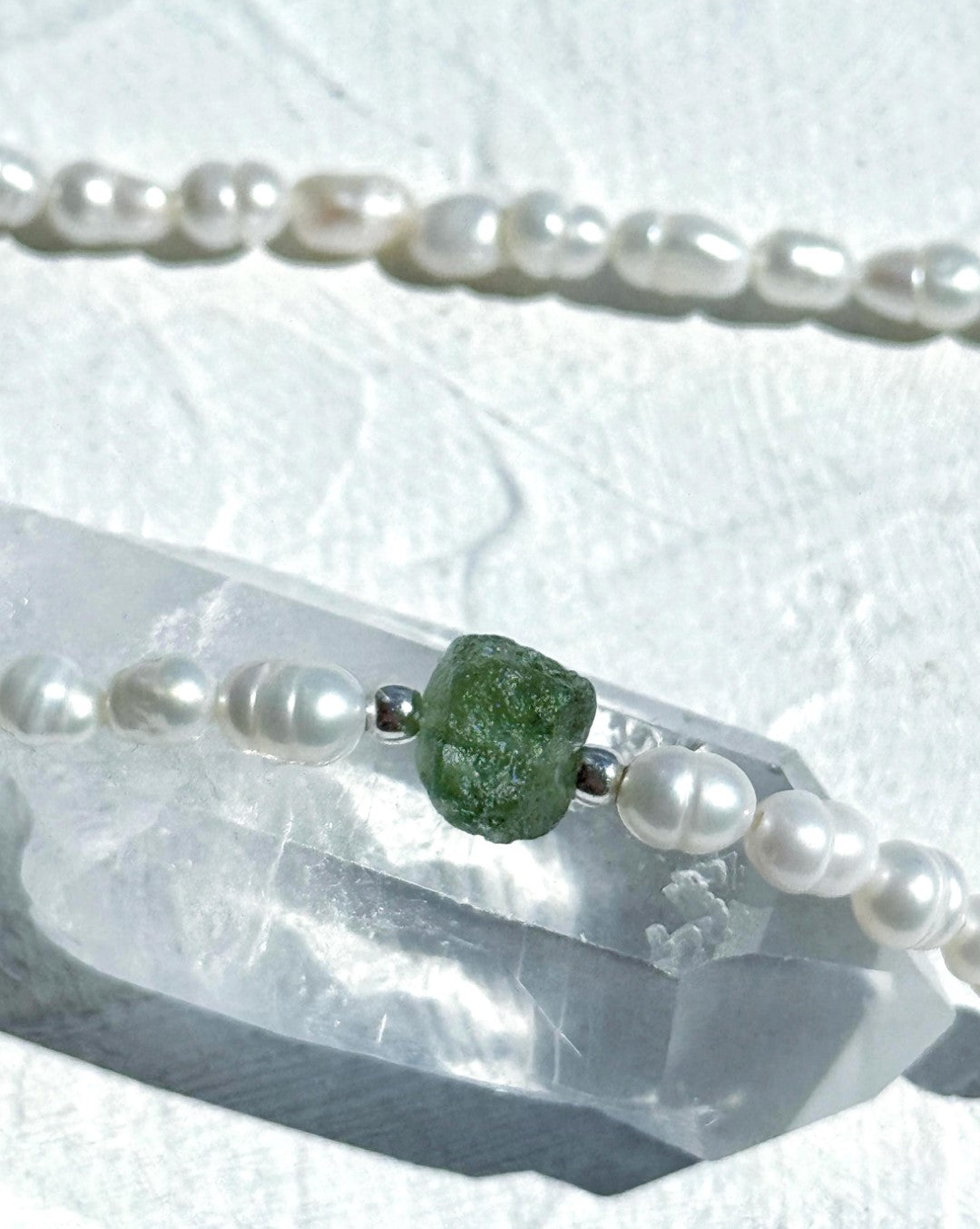 Natural drilled 0.4g Chlum Moldavite necklace with freshwater pearls and sterling silver.