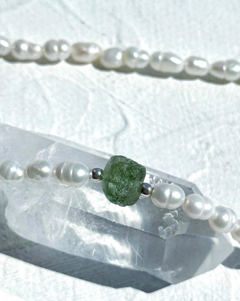 Natural drilled 0.4g Chlum Moldavite necklace with freshwater pearls and sterling silver.