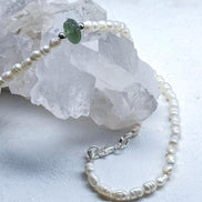 Natural drilled 0.4g Chlum Moldavite necklace with freshwater pearls and sterling silver.