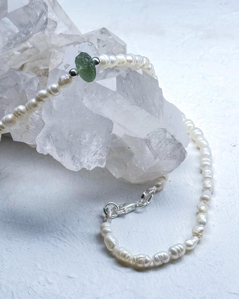 Natural drilled 0.4g Chlum Moldavite necklace with freshwater pearls and sterling silver.