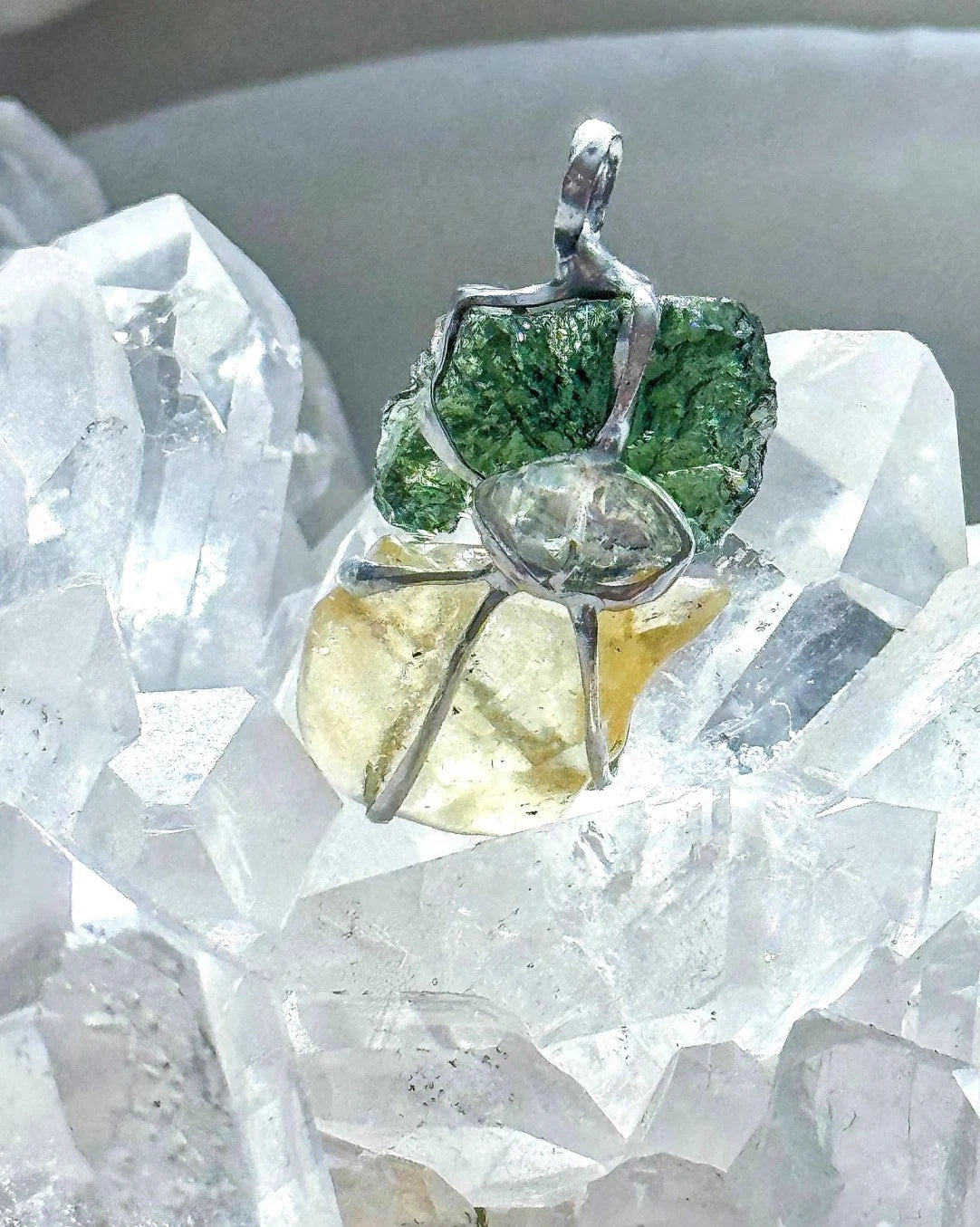 Pendant with a genuine 2.56 g natural Moldavite from Chlum, Czech Republic, Libyan Desert Glass and Herkimer diamond.