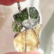 Pendant with a genuine 2.56 g natural Moldavite from Chlum, Czech Republic, Libyan Desert Glass and Herkimer diamond.
