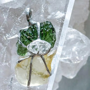 Pendant with a genuine 2.56 g natural Moldavite from Chlum, Czech Republic, Libyan Desert Glass and Herkimer diamond.