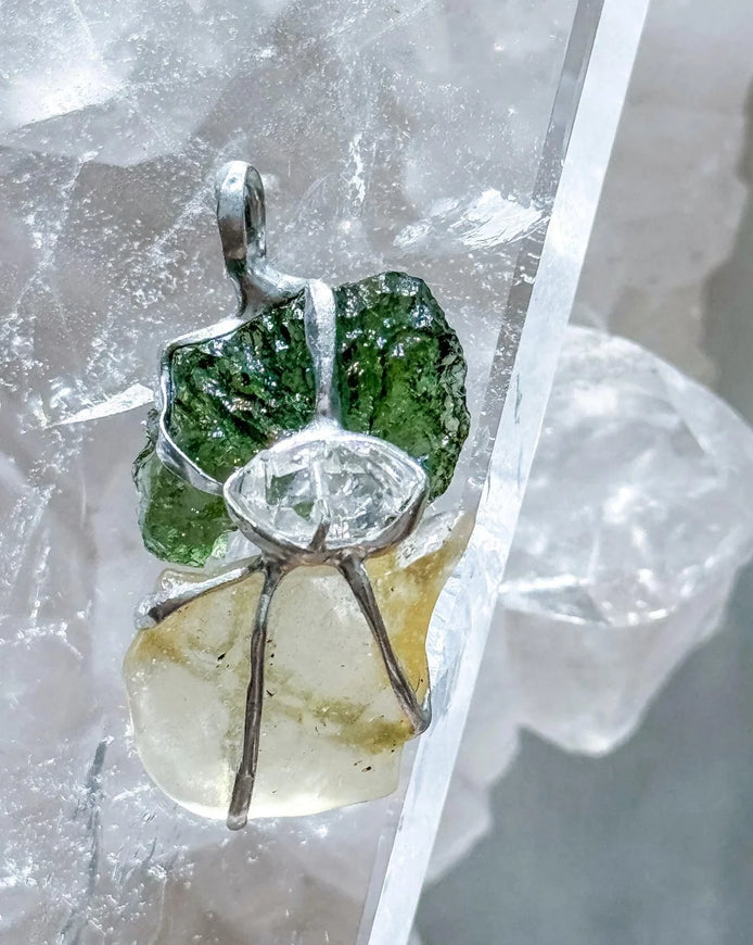 Pendant with a genuine 2.56 g natural Moldavite from Chlum, Czech Republic, Libyan Desert Glass and Herkimer diamond.