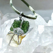 Pendant with a genuine 2.56 g natural Moldavite from Chlum, Czech Republic, Libyan Desert Glass and Herkimer diamond.  
