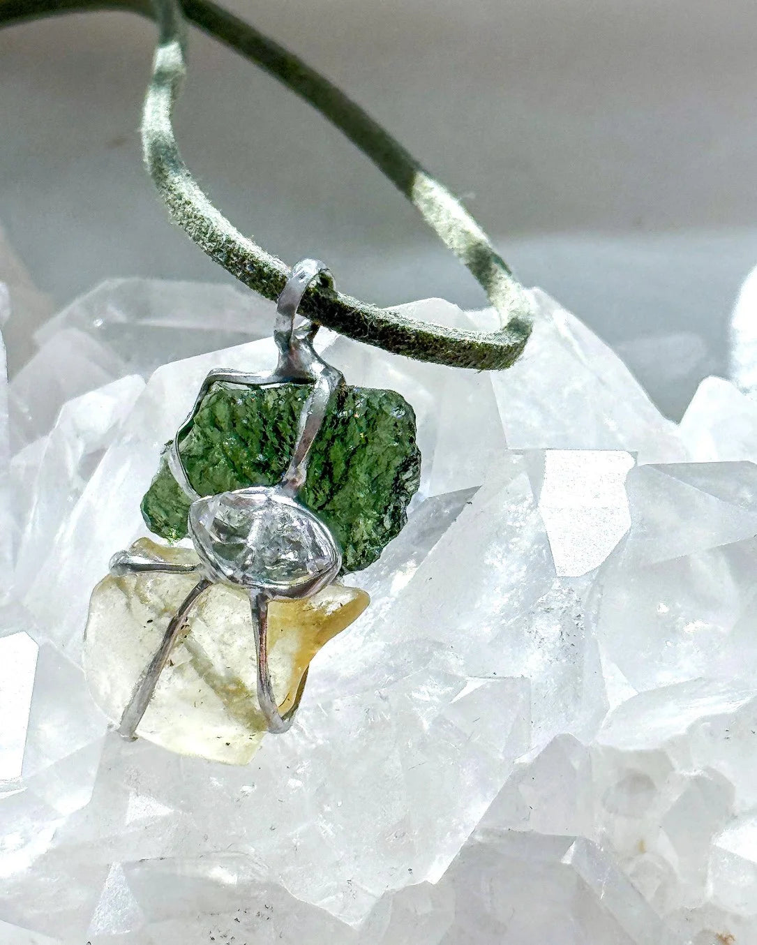 Pendant with a genuine 2.56 g natural Moldavite from Chlum, Czech Republic, Libyan Desert Glass and Herkimer diamond.  