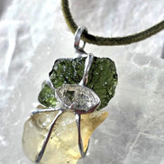 Pendant with a genuine 2.56 g natural Moldavite from Chlum, Czech Republic, Libyan Desert Glass and Herkimer diamond.  