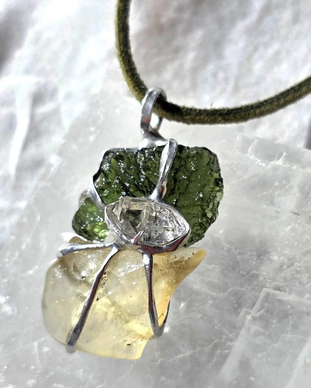 Pendant with a genuine 2.56 g natural Moldavite from Chlum, Czech Republic, Libyan Desert Glass and Herkimer diamond.  