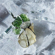 Pendant with a genuine 2.56 g natural Moldavite from Chlum, Czech Republic, Libyan Desert Glass and Herkimer diamond.  