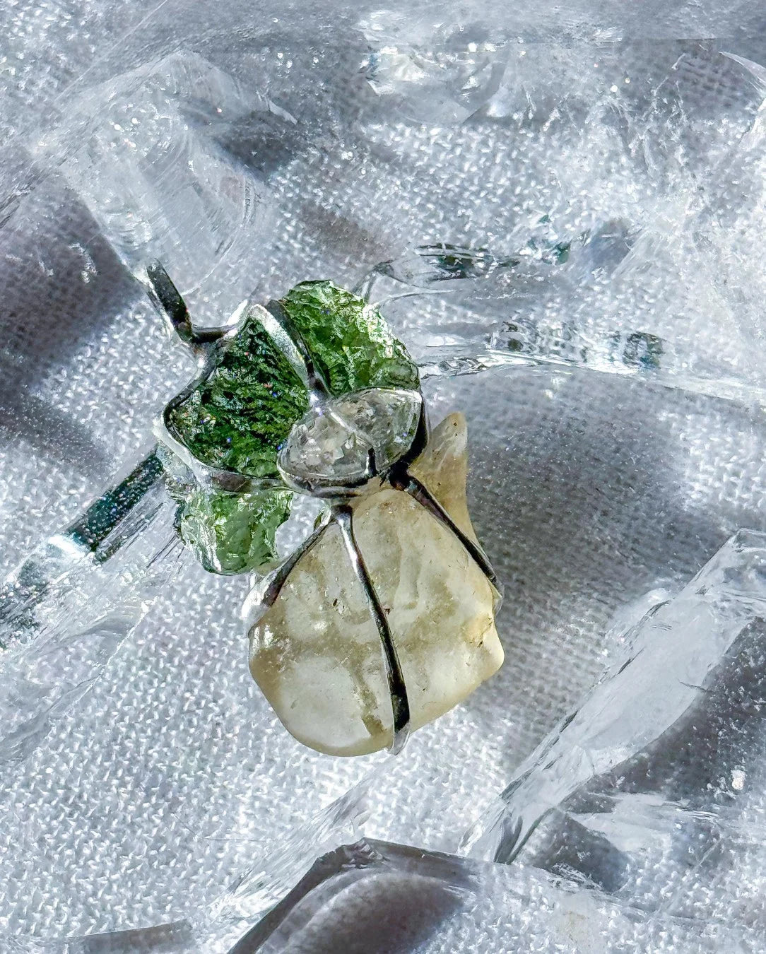 Pendant with a genuine 2.56 g natural Moldavite from Chlum, Czech Republic, Libyan Desert Glass and Herkimer diamond.  