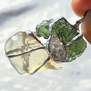 Pendant with a genuine 2.56 g natural Moldavite from Chlum, Czech Republic, Libyan Desert Glass and Herkimer diamond.  