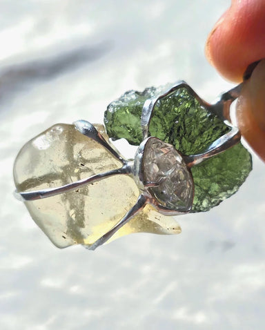 Pendant with a genuine 2.56 g natural Moldavite from Chlum, Czech Republic, Libyan Desert Glass and Herkimer diamond.  