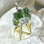 Pendant with a genuine 2.56 g natural Moldavite from Chlum, Czech Republic, Libyan Desert Glass and Herkimer diamond.  