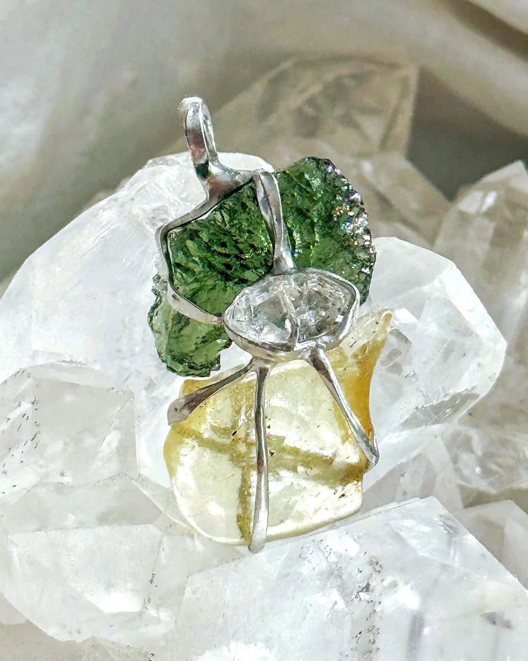 Pendant with a genuine 2.56 g natural Moldavite from Chlum, Czech Republic, Libyan Desert Glass and Herkimer diamond.  