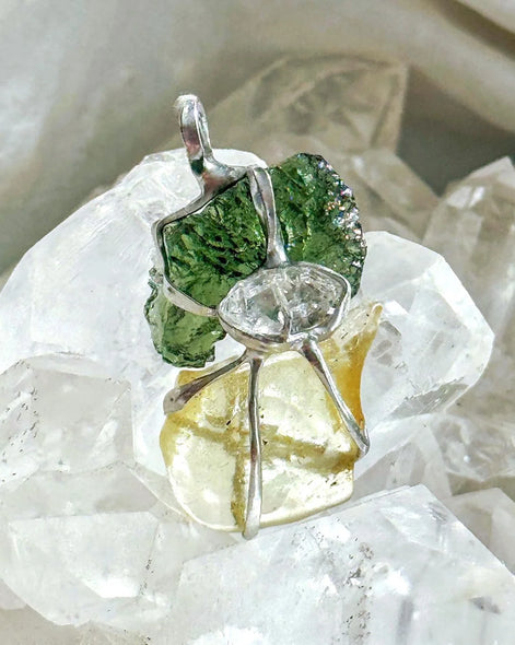 Pendant with a genuine 2.56 g natural Moldavite from Chlum, Czech Republic, Libyan Desert Glass and Herkimer diamond.  