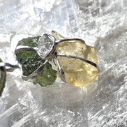 Pendant with a genuine 2.56 g natural Moldavite from Chlum, Czech Republic, Libyan Desert Glass and Herkimer diamond.  
