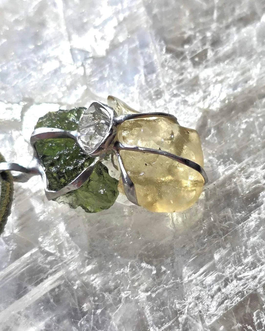 Pendant with a genuine 2.56 g natural Moldavite from Chlum, Czech Republic, Libyan Desert Glass and Herkimer diamond.  