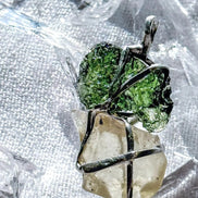 Pendant with a genuine 2.56 g natural Moldavite from Chlum, Czech Republic, Libyan Desert Glass and Herkimer diamond.  