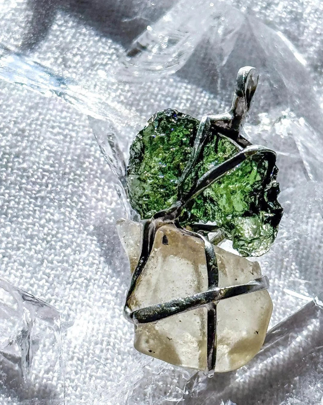 Pendant with a genuine 2.56 g natural Moldavite from Chlum, Czech Republic, Libyan Desert Glass and Herkimer diamond.  
