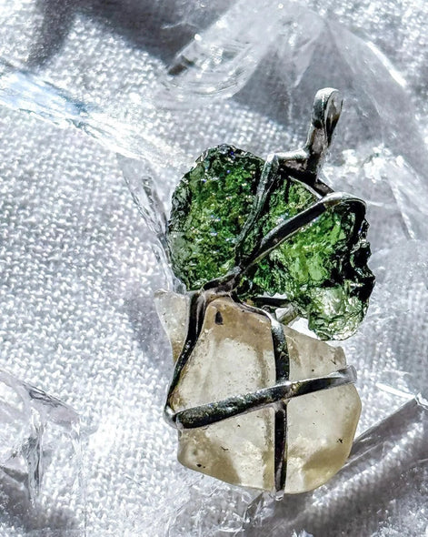 Pendant with a genuine 2.56 g natural Moldavite from Chlum, Czech Republic, Libyan Desert Glass and Herkimer diamond.  