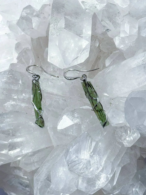 Raw Moldavite earrings with a 0.8 g pair of translucent green stones from Jankov, Czech Republic, in handcrafted open settings.