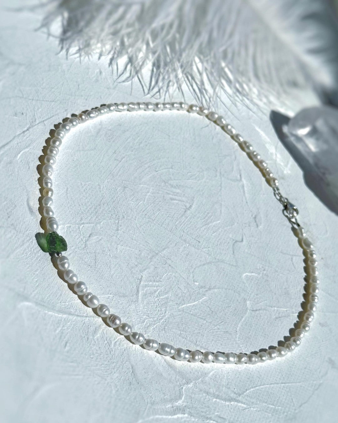 Drilled Moldavite & Freshwater Pearl Necklace, 0.4g, Chlum