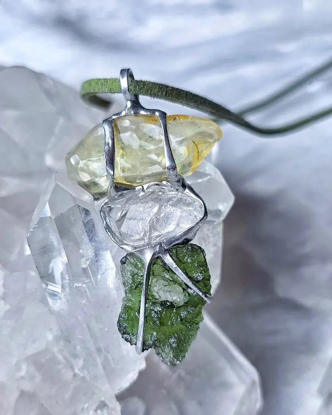 Moldavite, Libyan Desert Glass & Herkimer Pendant, 2.27g, Chlum