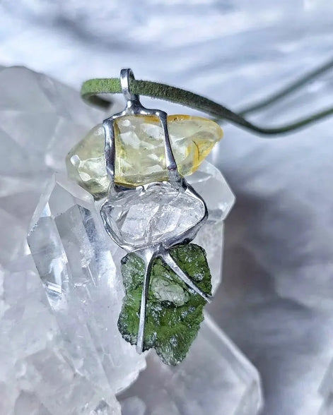 Moldavite, Libyan Desert Glass & Herkimer Pendant, 2.27g, Chlum