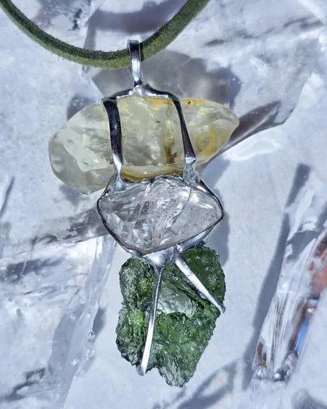 Moldavite, Libyan Desert Glass & Herkimer Pendant, 2.27g, Chlum