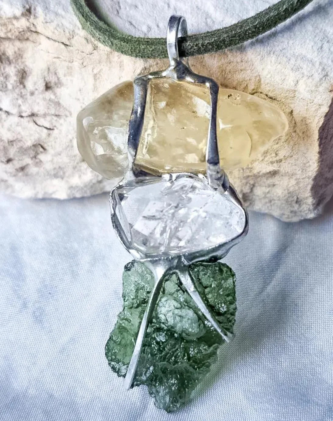 Moldavite, Libyan Desert Glass & Herkimer Pendant, 2.27g, Chlum