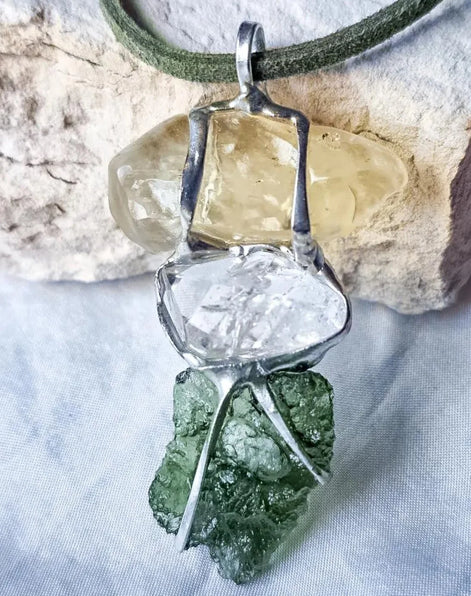 Moldavite, Libyan Desert Glass & Herkimer Pendant, 2.27g, Chlum