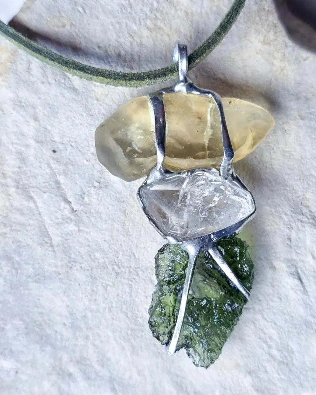 Moldavite, Libyan Desert Glass & Herkimer Pendant, 2.27g, Chlum